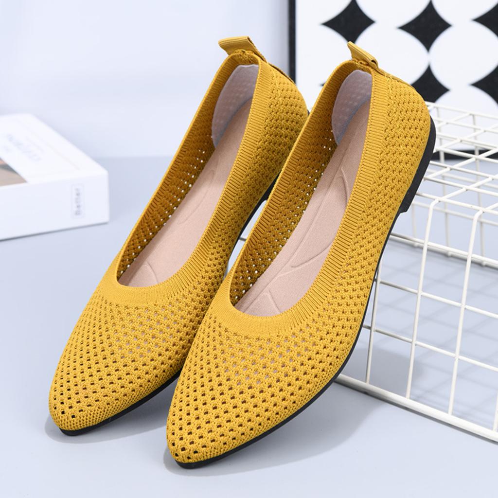Women Pointed Toe Flat Shoes Breathable Hollow Knit Slip On Casual Soft Sole Lightweight Comfortable Walking Footwear