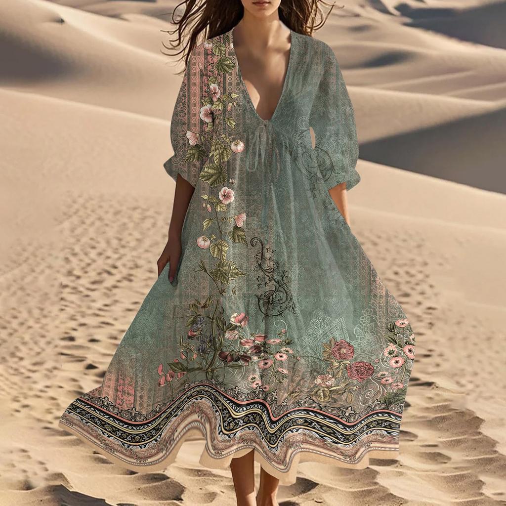 Abito Lungo da Spiaggia Estivo da Donna con Scollo a V, Vintage, con Stampa Floreale, Allacciato, con Dettagli in Pizzo