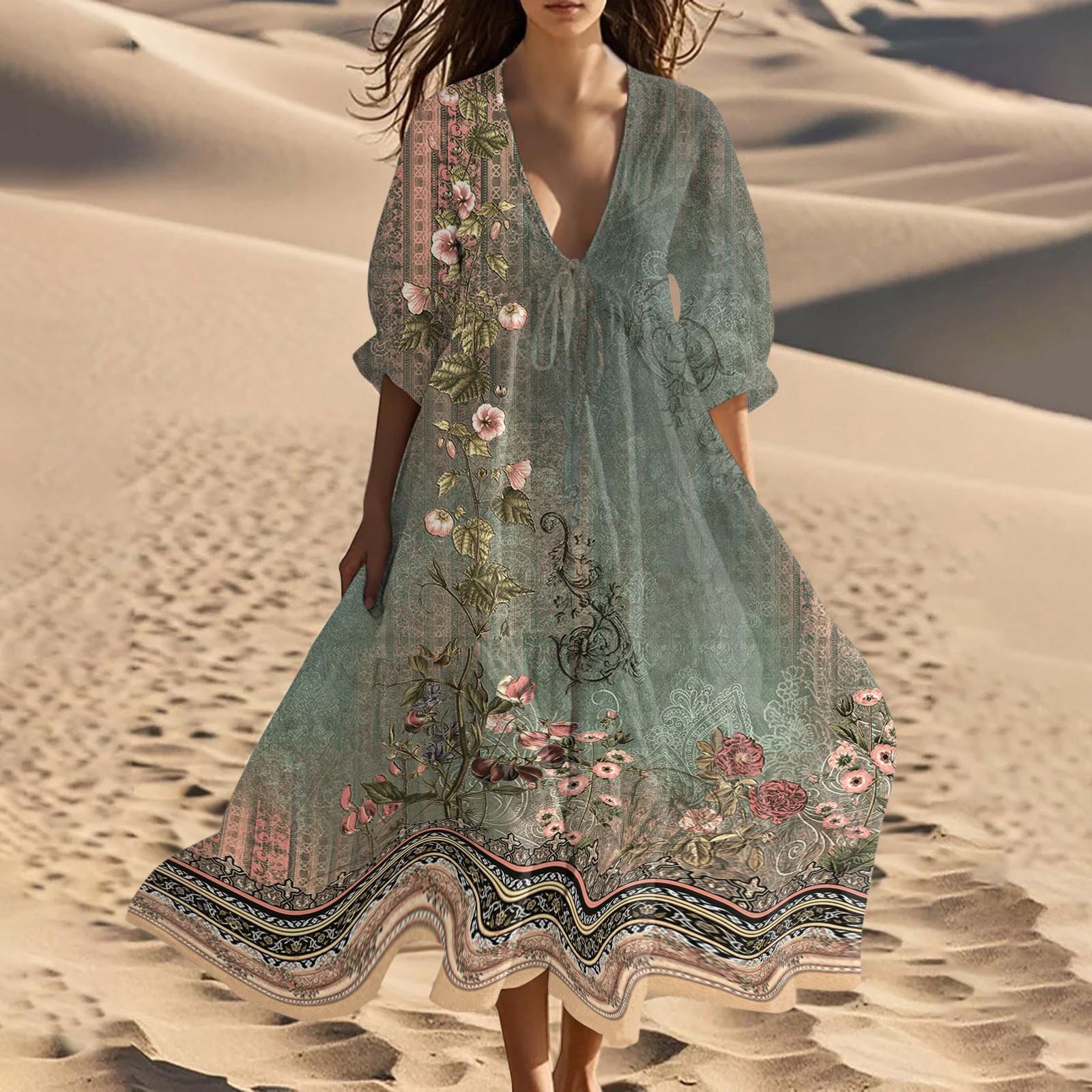 

Women s Summer Fashion V-Neck Beach Long Dress Vintage Floral Printed Lace-Up Splicing Dresses M