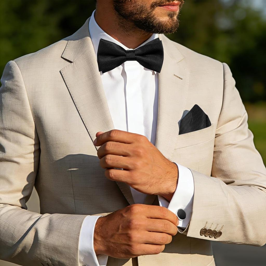 [JEWELRYWE] Bow Tie, Pocket Square, and Cufflinks Set for Men: Formal, Business, Job Interviews, Presentations, Weddings, Anniversaries, Birthdays,