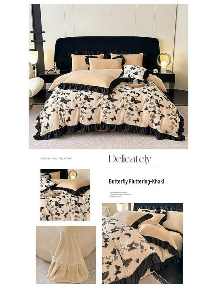 G5ZG5Z Korean Winter Velvet 4-Piece Set: Princess Style with Double-Sided Fleece and Lace Edging Quilt Cover.