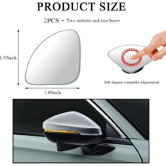 2 PCS Car Blind Spot Mirror, Fan Shaped HD Glass Convex 360° Rotating Wide Angle Side Mirror, Frameless Car Blindspot Mirror for Larger Image and