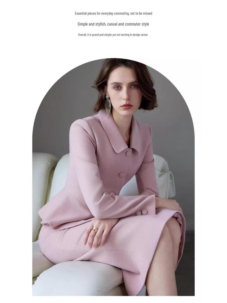 AD Korean Style Women's Stand-Up Collar Coat & Pink Wool Skirt Set, 2025 Winter Collection