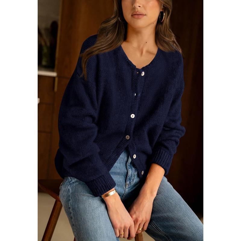 VEZFAA Moda feminina casual outono inverno cor sólida estampa manga comprida gola redonda suéteres