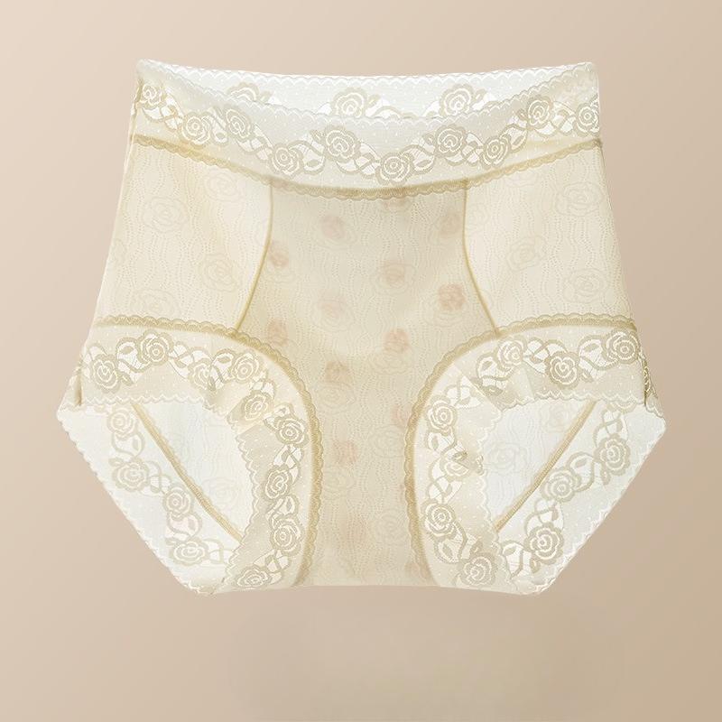 Big Size Lady Spring and Summer Sexy Lace Antibacterial Mulberry Silk Extended Crotch High Waist Belly Non Scratch Flat Angle Underwear