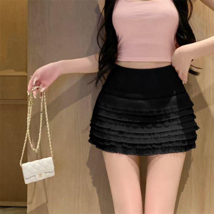 

White Lace High-Waist Mini Skirt with Safety Shorts & A-Line Design for Women Double Extra Large чорний