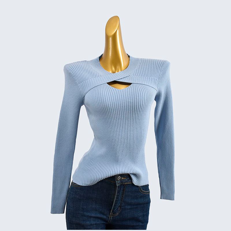 Autumn and Winter Soft Glutinous Round Neck Hollow-out Short Silm Stretch Comfortable Long Sleeve Knitted Inner Match Stylish
