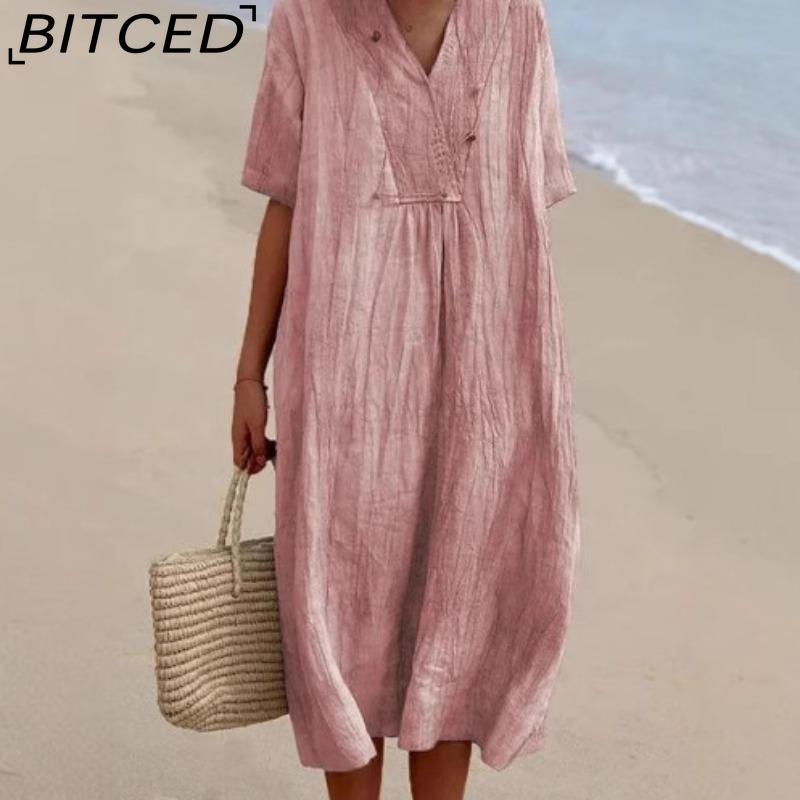 BITCED Women's Fashion Summer Spring Solid Color Print Short Sleeve V-Neck High Waist Casual Dresses