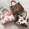 New Women Soft Plush Hand Bag New Winter Leopard Cow Print Tote Bags Female Pu Leather Underarm Bags Furry Fluffy Shoulder Bag