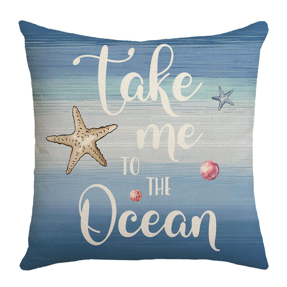 Spring New Printed Pillow Linen Sofa Pillow Case Letter Marine Life Blue Pillow Case