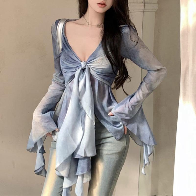 Sexy Women Tie Dye Mesh T Shirt V Neck Flared Long Sleeve Slim Fit Tees Bandage Tshirt Y2K Streetwear