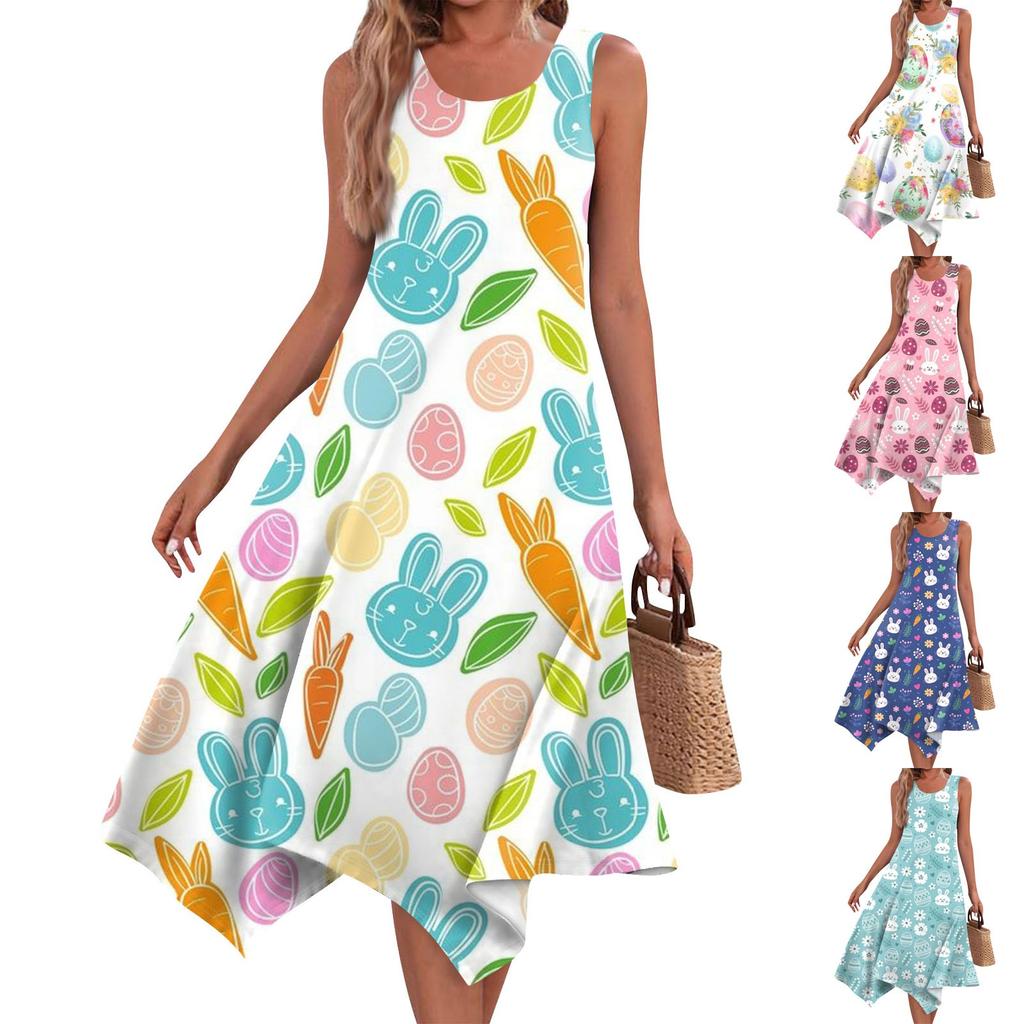 Dámská ležérní móda Midi šaty s kulatým výstřihem a potiskem bez rukávů s nepravidelným lemem