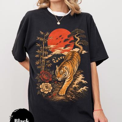 Japanese Tiger Graphic Shirt, Vintage Tattoo Art Tee, Asian Nature T-Shirt, Retro Mountain Wave Gift for Men and Women