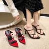 New Summer Pointed Toe Slippers Women Red Patent Leather Open Toe Stiletto High Heels Women Outside Wear Sexy Sandals