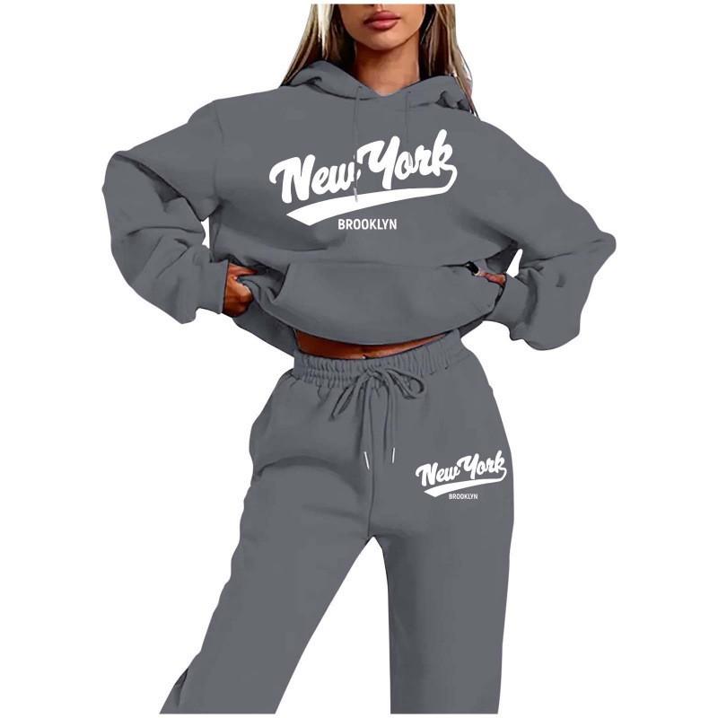 Womens 2026 New York Print Hooded Sweatshirt Set With Fleece-Lined Pants Fall Winter Outfit Streetwear Casual Tracksuit