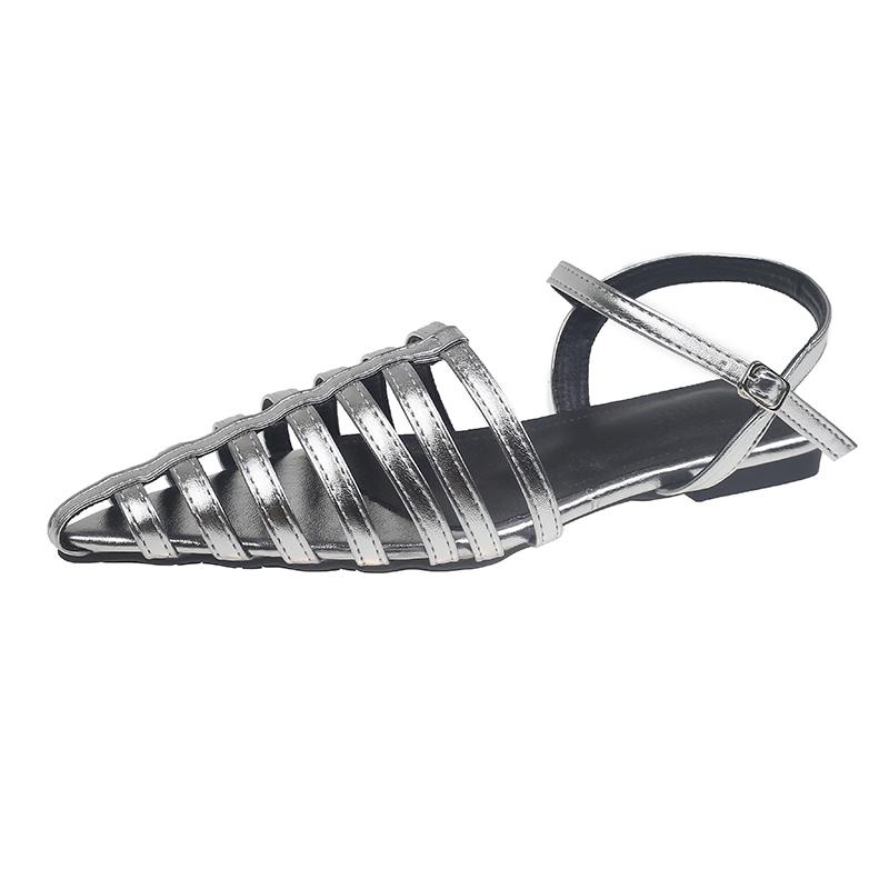 

Fashion 2025 New Retro Style Summer Pointed Toe Women Sandals Fashionable Sexy Hollow Out Ladies Outdoor Dress Flats Gladiator Sandals 40 серебряный