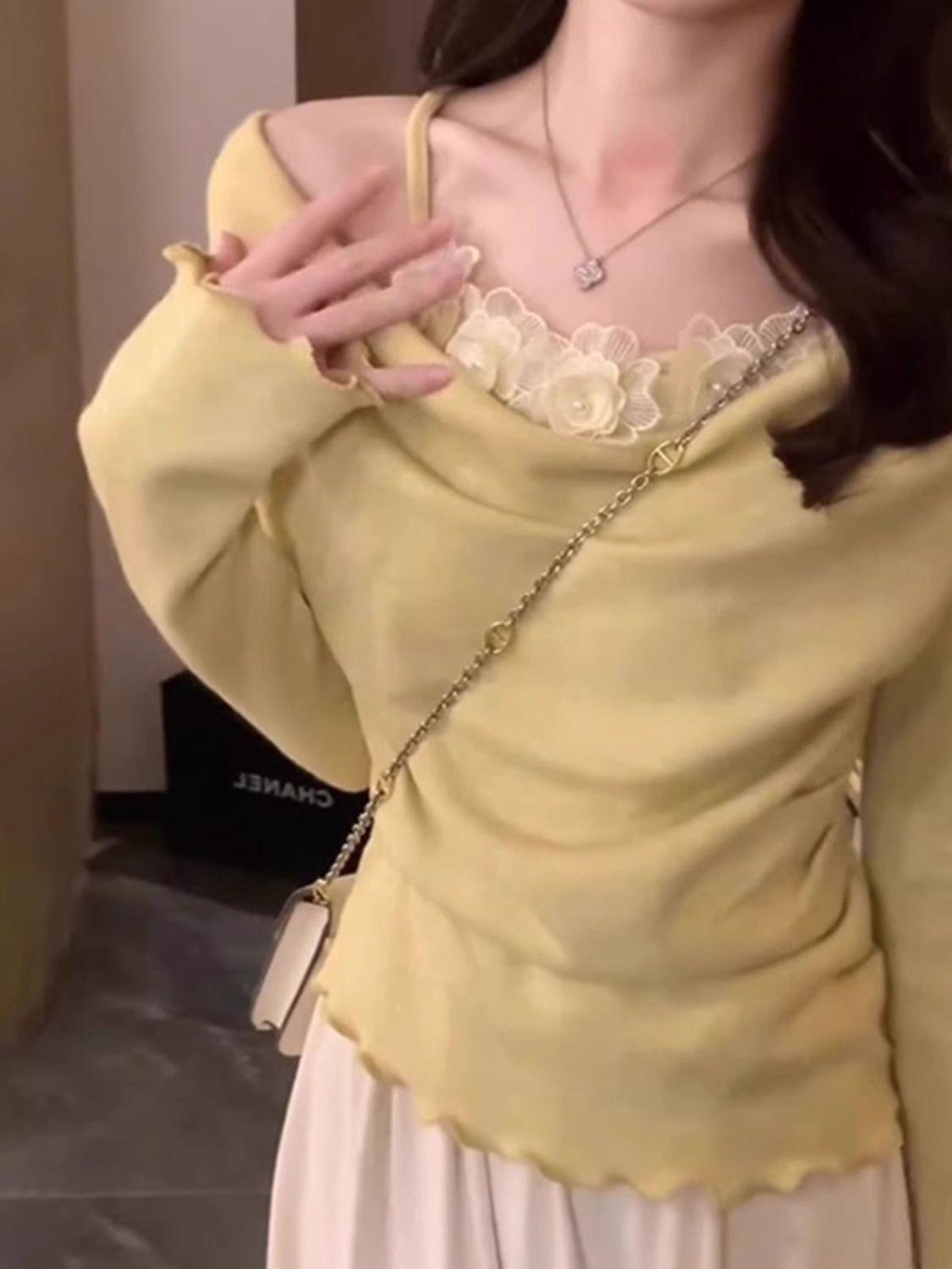 

Women s Stylish Cowl Neck Yellow Long-Sleeve Shirt with Three-Dimensional Floral Inner Layer Medium