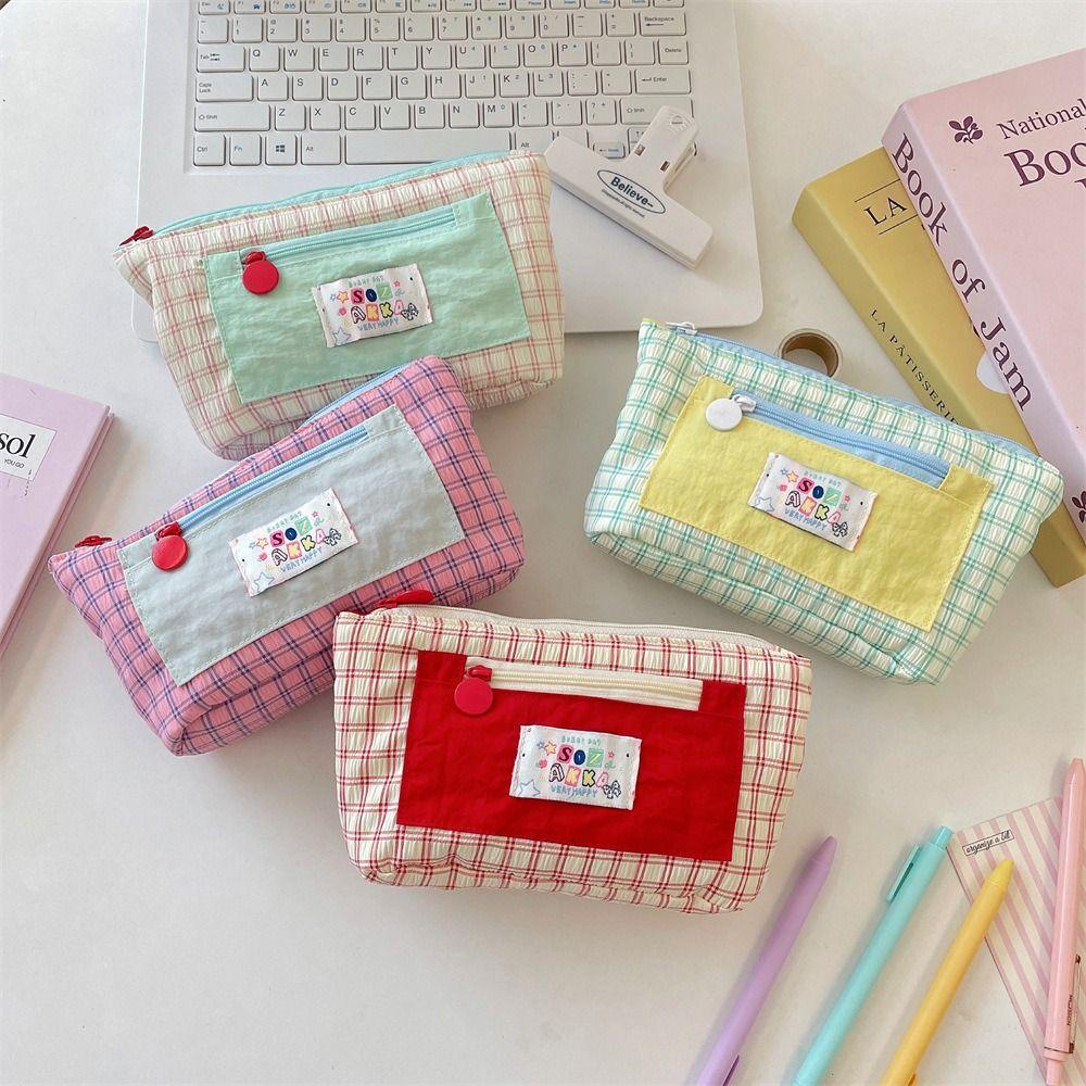 Portable Contrasting Grid Pen Case Dopamine Cute Makeup Bag Casual Cartoon Stationery Box  School