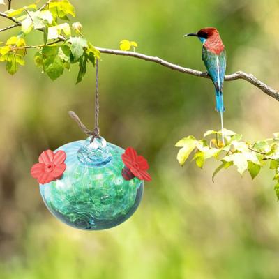 Stained Glass Hummingbird Feeder Droplet Shaped Hanging Birds Feeder Hummingbird Feeder with 2 Flower Feeding Ports for Outside Garden Courtyard