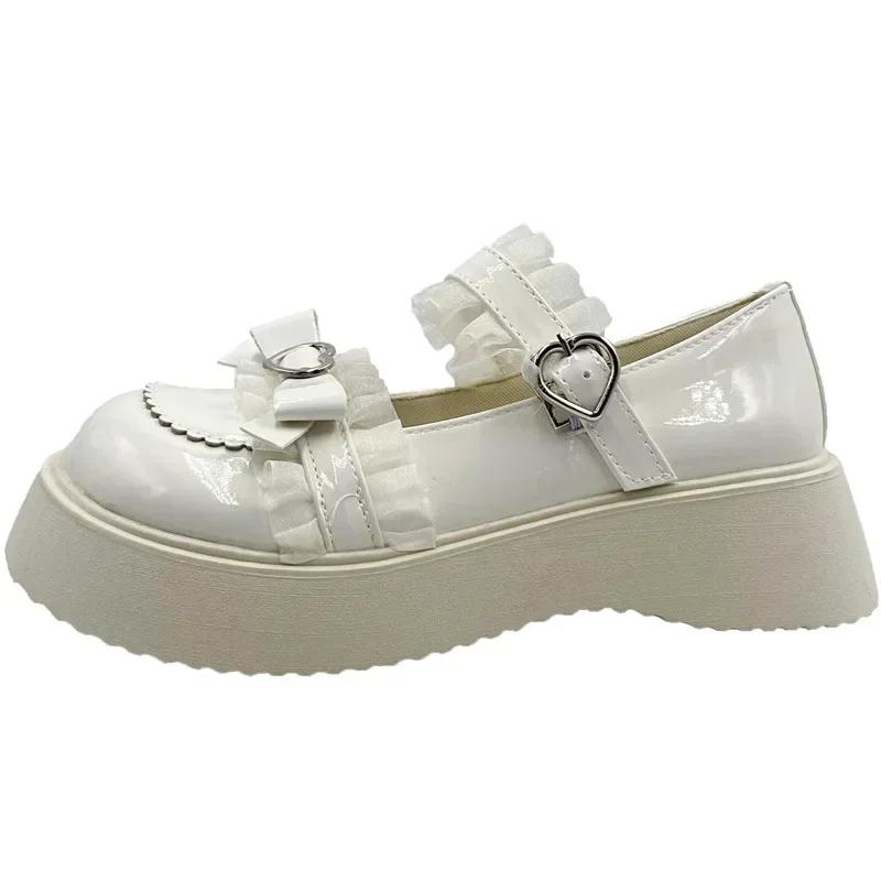 Fashion Women's Black Thick Soled Mary Jane Shoes 2024 Autumn New Japanese Sweet Patent Leather High Heels Bow Lolita Big Toe Shoes