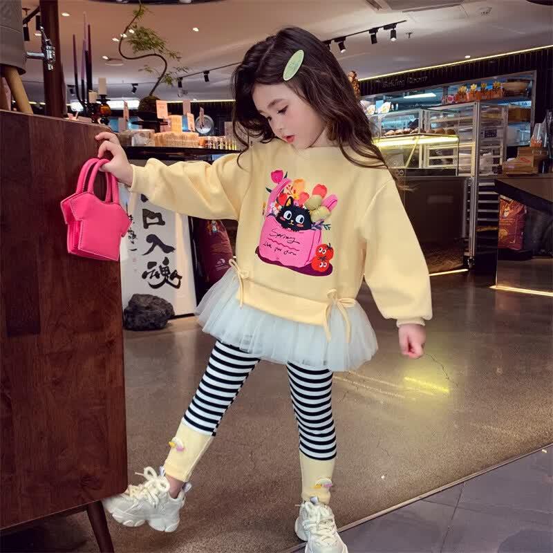 

MIMIHELLO Girls Korean Cartoon Sweatshirt & Striped Leggings Set 140
