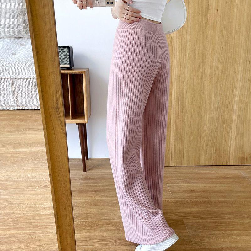 Thickened Pit Strip Pink Wide-leg Pants for Women in Autumn and Winter Elastic Loose Slim Casual Pants