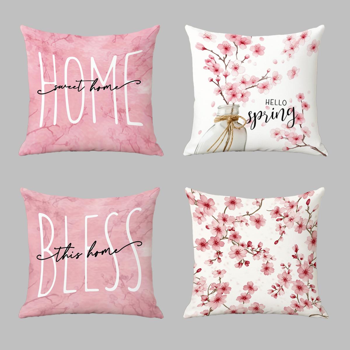

4 Pack Springtime Cushion Covers 45x45cm Soft Pink & White: Bless This Home, Hello Spring, Sweet Home Quotes + Sakura Floral Art 35x35cm 4pcs
