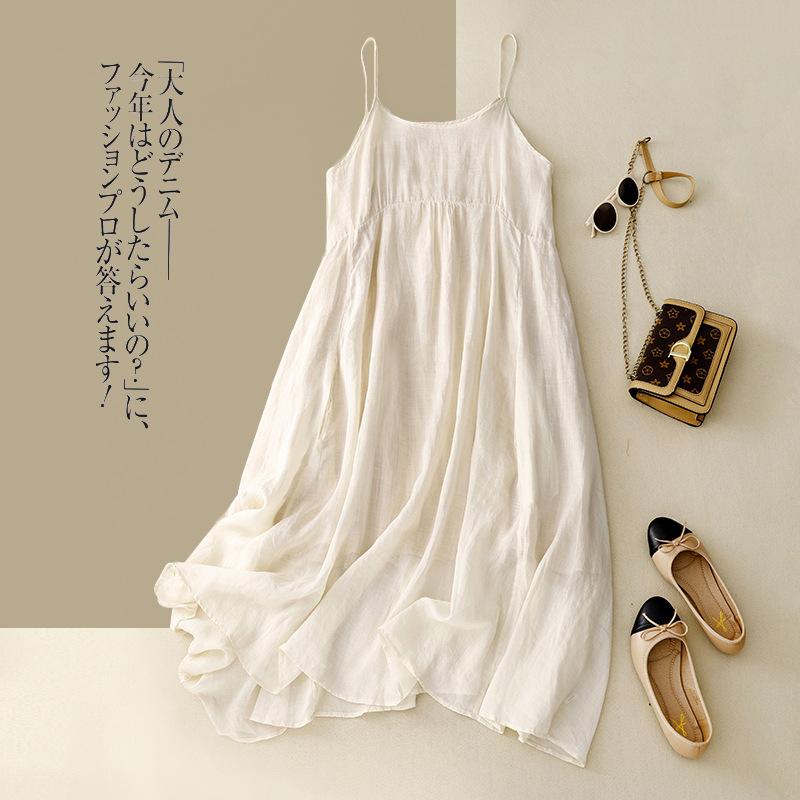 

Однотонная юбка на подтяжках из хлопка и льна для женщин 2025 года, новое модное повседневное свободное и тонкое платье средней и длинной длины L абрикосовый