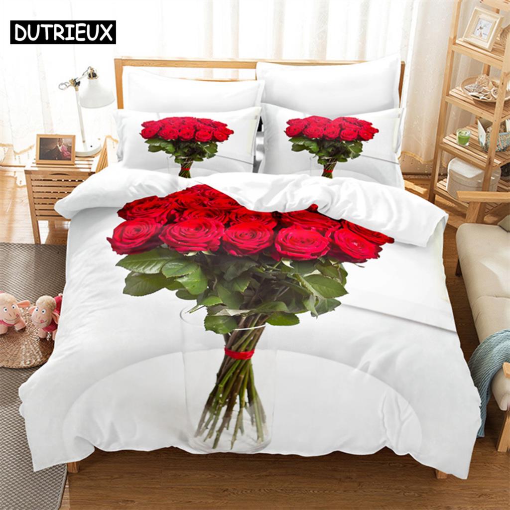 3D potisk červené růže - 3dílná sada povlaku na přikrývku, k dispozici ve velikostech King, Queen, Full, Single & Double