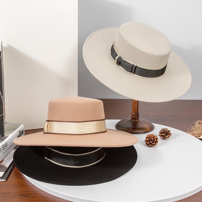 Rongmei Autumn and Winter New French Celebrity Hepburn Style Flat Top Woolen Top Hat Fashion Wide Edge British Felt Hat
