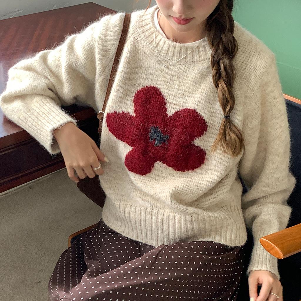 DIMANAF 2025 Jesień Kobiety Nowe Krótkie Swetry Dzianinowe Kwiat Podstawowa Moda Okrągły Dekolt fioletowy Styl Luźny Czerwony Sweter Pulower