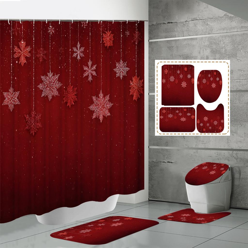 4PCS  Shower Curtain Sets With Shower Curtain And Rugs Toilet Lid Rug U Shape Mat And Bath Mat Bathroom Set  With 12 Hooks