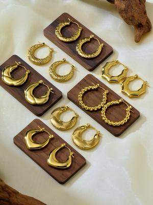 7 Pair/Set 18k Gold Plated Stainless Steel Earrings, Fashionable And Versatile Irregular Glossy Hollow Earrings