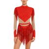 Maillot de patinage artistique pour femme à manches longues, body à paillettes et franges, entrejambe ouvrable, fermeture éclair dans le dos, combinaison de couleur contrastante avec strass