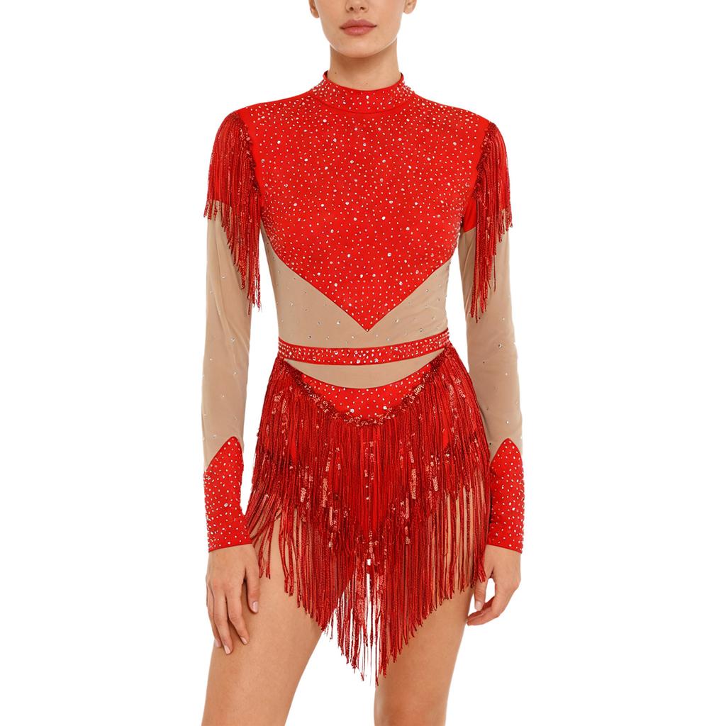 Maillot de patinage artistique pour femme à manches longues, body à paillettes et franges, entrejambe ouvrable, fermeture éclair dans le dos, combinaison de couleur contrastante avec strass