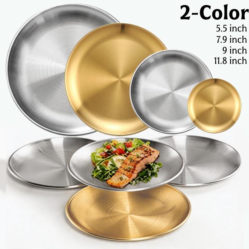 2/4 Stück Edelstahlplatten 4 Größen Runde Geschirr Wiederverwendbares Serviertablett für Pizza Dessert Steak Mehr Haus Picknick BBQ Geschirr