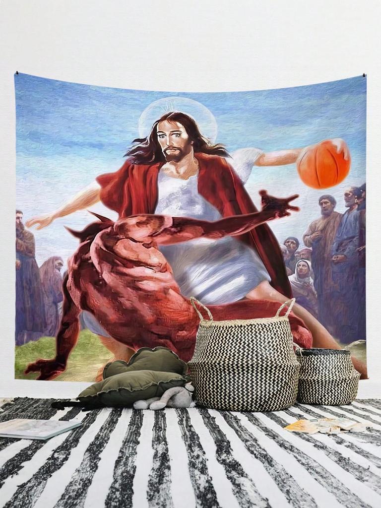 Jesus And Satan Playing Basketball Hanging Cloth Decorative Poster Christian Fun Wall Decoration Aesthetics Tapestry Art