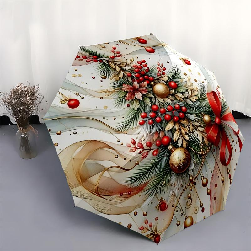 1pc Elegant Christmas Tree Design Automatic Folding Umbrella, Portable 3-Fold Design with Golden Berries, Red Ribbons, and Festive Flowers, Perfect Gi