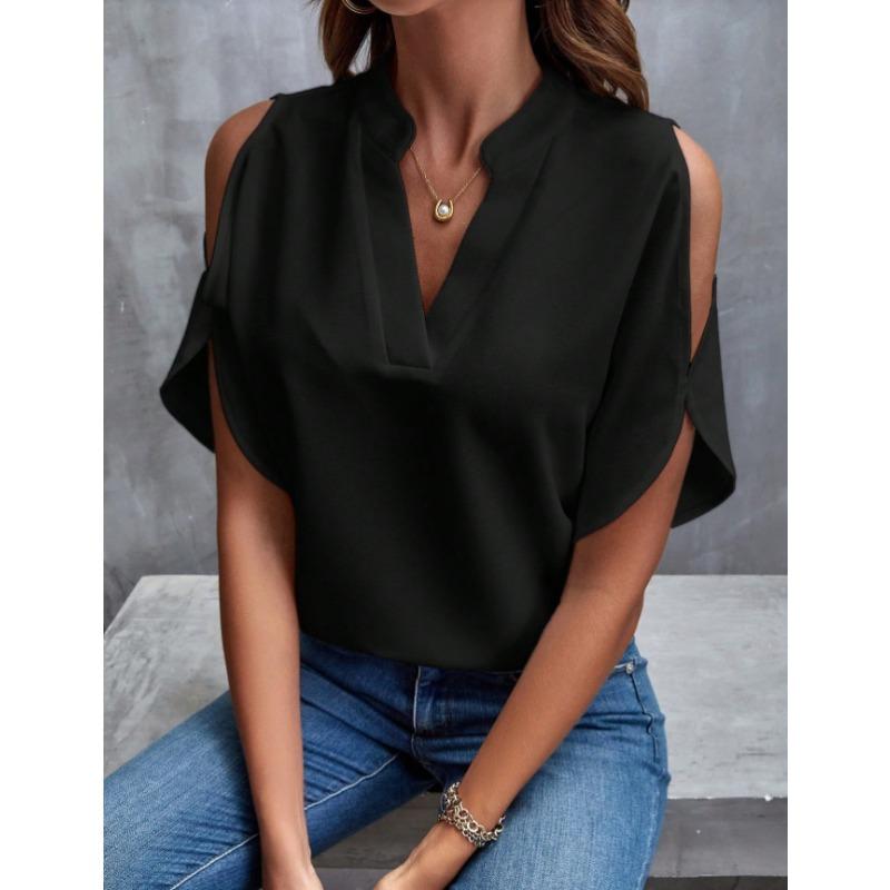 

Women s summer new printed V-neck temperament fashion off-the-shoulder sleeves women s top XXL чорний