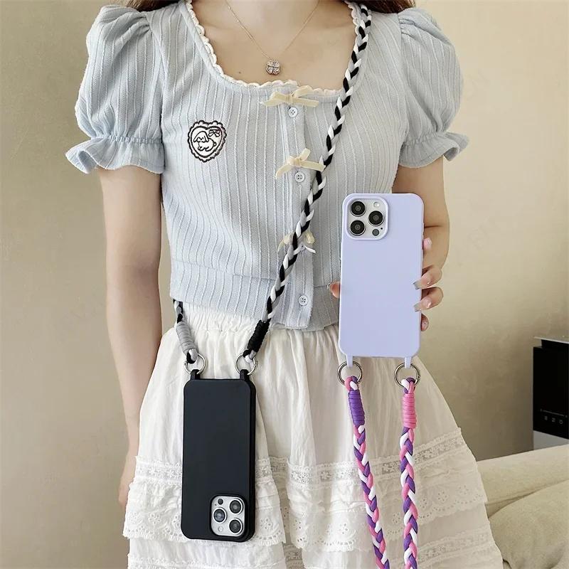 Crossbody Lanyard Handyhülle Für iPhone 16 15 14 12 13 11 Pro Max Plus Süßigkeitenfarbe Silikon Weiche TPU Rückseite