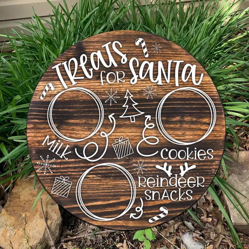 Santa Claus & Reindeer Treat Tray - Round Wooden Cookie, Milk & Carrot Plate Diameter 25cm