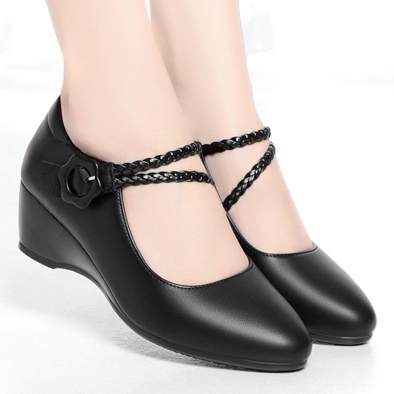 Women's Soft Sole Wedge Heel Cheongsam Shoes - Comfortable Leather for Middle-Aged & Elderly