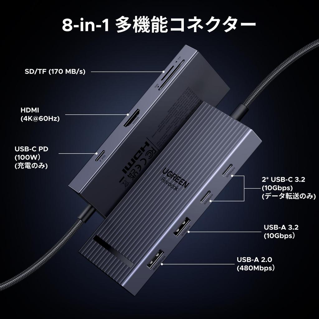 UGREEN Revodok Pro Hub 100W PD Fast Charging 10Gbps High Speed Data Transfer HDMI Output microSD SD Card Slots Compatible with MacBook USB-C Type-c