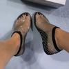 Fashion 2024 Summer New Women Sandals Luxury Round Toe Flat Bottom Sandals Mesh Cloth Water Diamond Sexy Fashion Flat Bottom Shoes Women