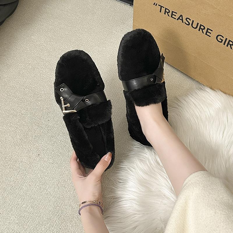 Inner Height Increase Warm Fairy Thick-soled Plush Shoes Female Autumn and Winter Wear a Pedal Internet Celebrity Mink Bean Cotton Shoes