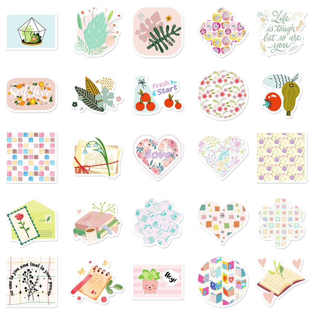 50 Self-Created Xiaoqing Graffiti Decorative Stickers Girl Pink Flower Plants Non-Repeating Waterproof Sticker Batch