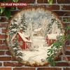 HUIHAY 8 Inch Round Metal Wall Art Red Cabin Snowy Landscape Christmas Winter Decor