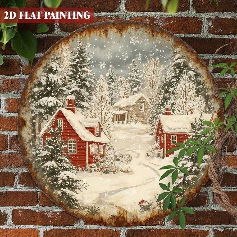 

HUIHAY 8-дюймовое круглое металлическое настенное искусство Красная хижина Снежный пейзаж Рождественский зимний декор 20x20 разноцветный