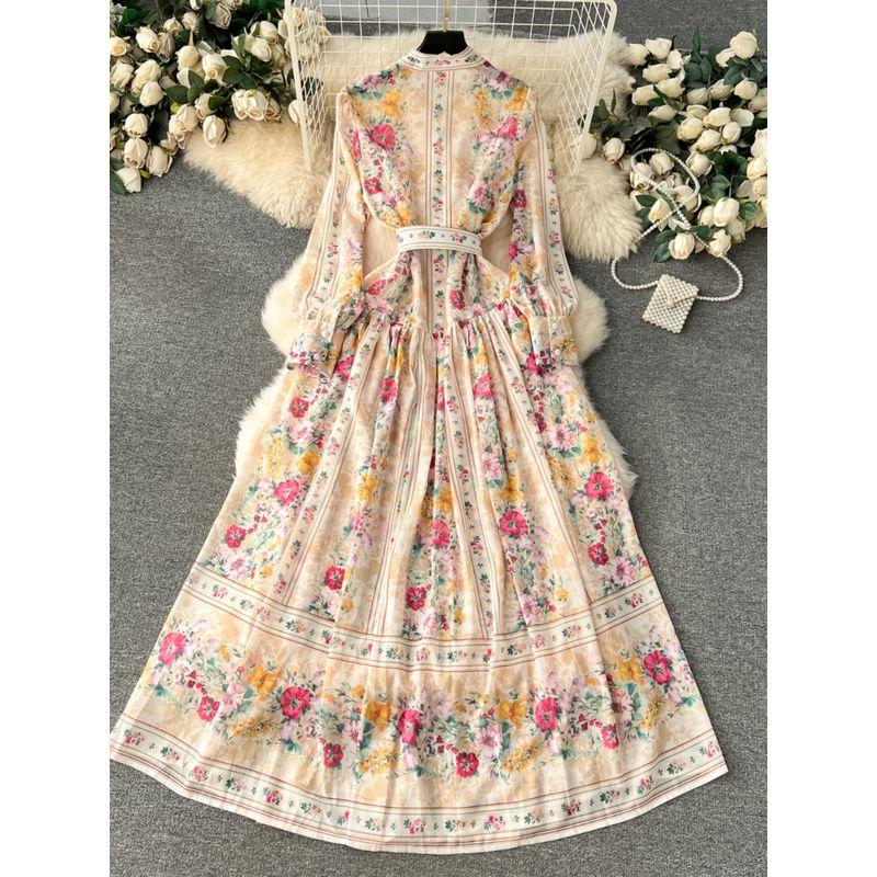 European Style Elegant Stand-up Collar Slim Fit Long Chiffon Dress