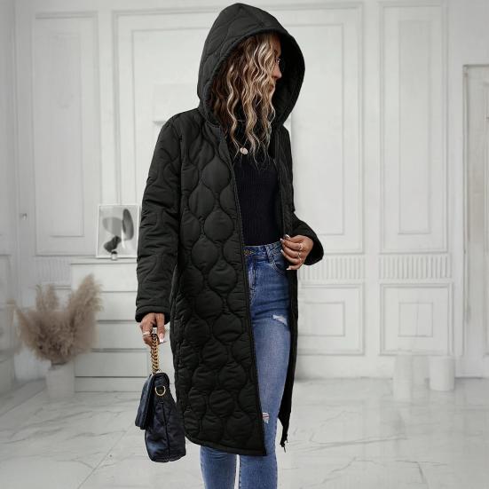 Long Quilted Puffer Jacket for Women Casual Lightweight Zip Up Hooded Coat Winter Knee Length Padded Outerwear